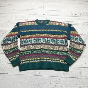 VINTAGE Liberty Sweater Adult Medium Green Cotton Geometric Cable Knit USA Made